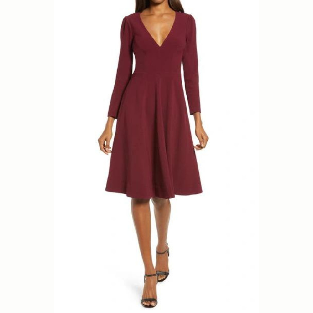 DRESS THE‎ POPULATION CATRINE FIT & FLARE STRETCH CREPE MIDI DRESS BURGUNDY NWT